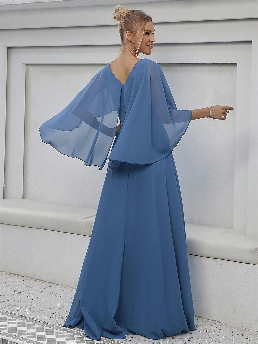 Dress Mother of the Bride Dress Elegant Party V Neck Floor Length Polyester Half Sleeve with Appliques 2025 2025 - $82.99 –P2