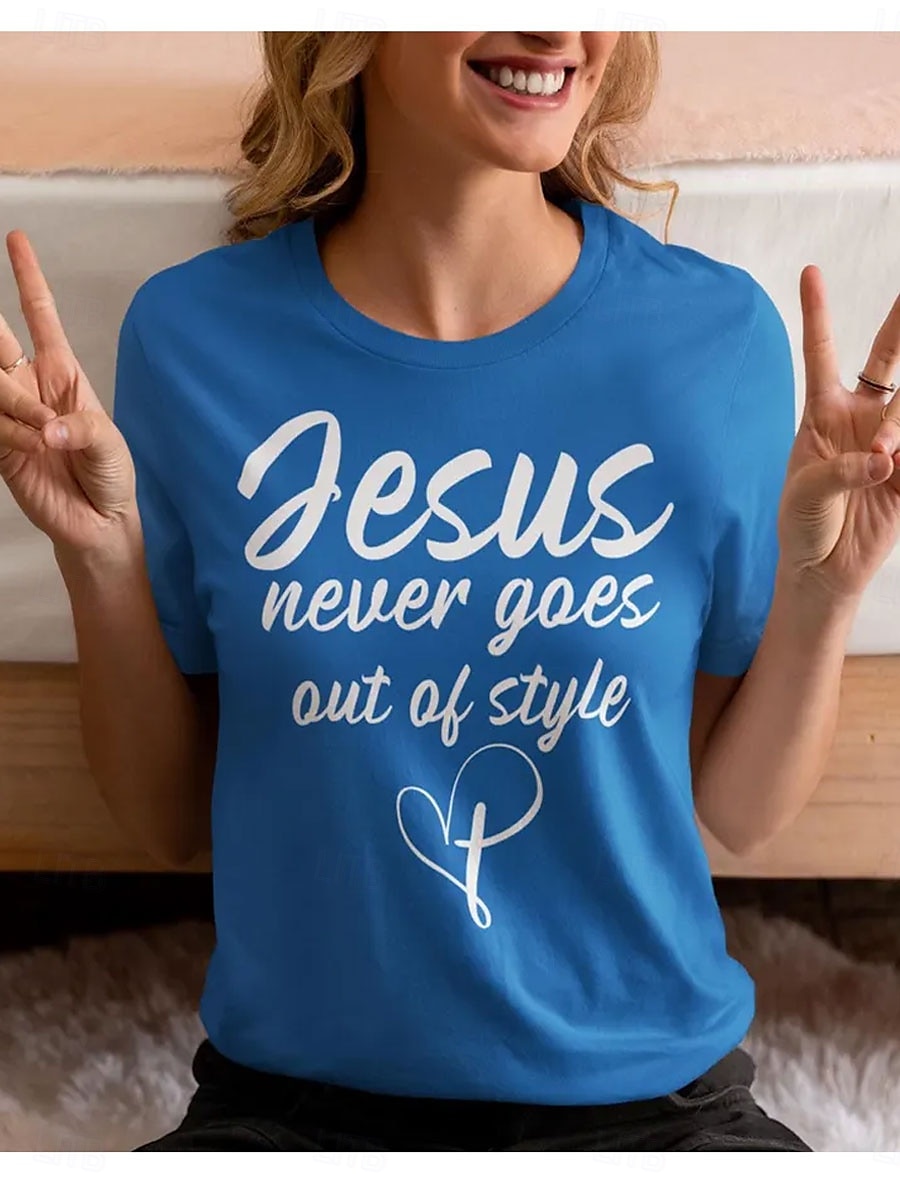 Femmes T-shirt Graphique Lettre Élégant Occasionnel Manche Courte Col rond Hauts Réguliers Quotidien Week-end Imprimé Bleu Violet Vert Été Printemps de 2025 ? $19.99 –P1