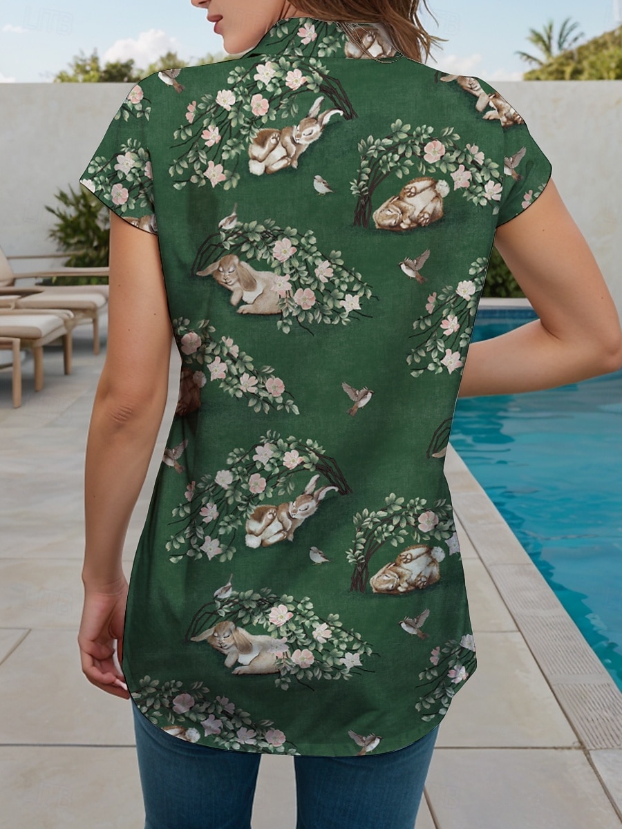 Chemise pour femmes de Pâques graphique floral animal décontractée manches courtes manches chauve-souris col hauts longs quotidienne vert été printemps de 2026 ? $28.99 –P2