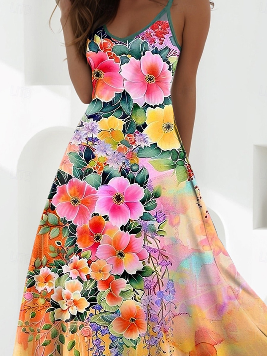 Damen Maxikleid A Linie Kleid Sommerkleid Unterkleid Urlaub Lässig Täglich Normale Passform Blumen Grafik Ärmellos V Ausschnitt Orange Sommer Frühling 2025 - $34.99 –P3