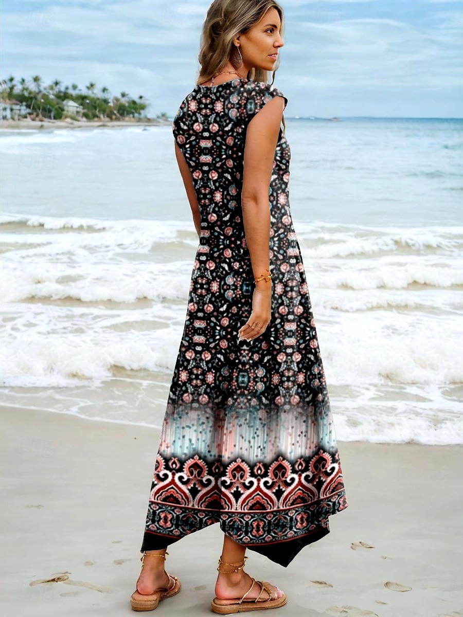Women's Maxi Dress Sundress A Line Dress Vacation Boho Beach Party Beach Standard Fit Ombre Floral Graphic Sleeveless V Neck Black Summer Spring 2025 - $36.99 –P2
