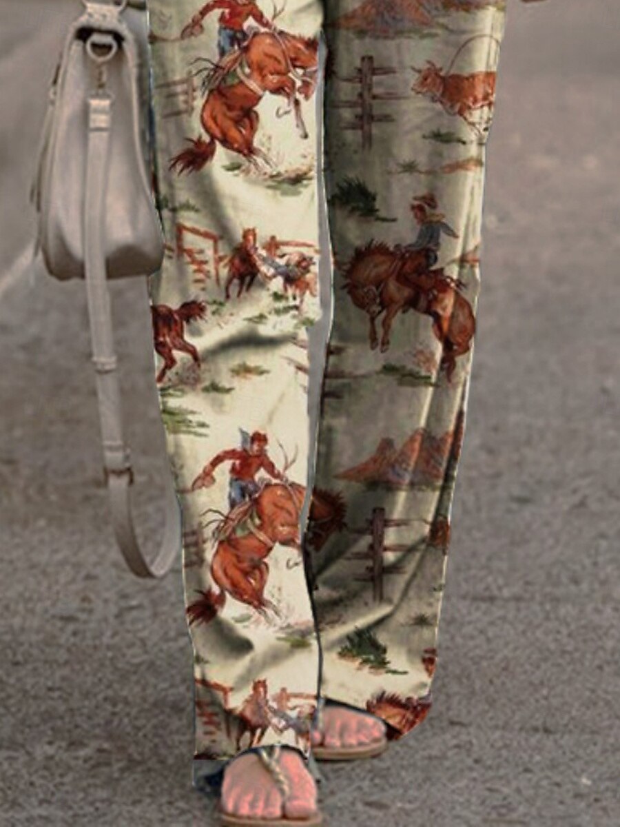 Femmes Jambe large Chinos ancien Style Ethnique Occasionnel Longueur complète Taille haute Graphique Avec Poches Ceinture Élastique Impression Confortable Doux Micro-Élastique Extérieur Rue Quotidien de 2025 ? $28.99 –P3