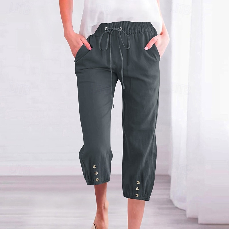 Mulheres Calças Capri Calças de linho de algodão Calças Roupa de rua Casual Comprimento da panturrilha Cintura Alta Natural Tecido Bolsos Design de cordão elástico Respirabilidade Macio Confortável de 2025 por $17.99 –P3
