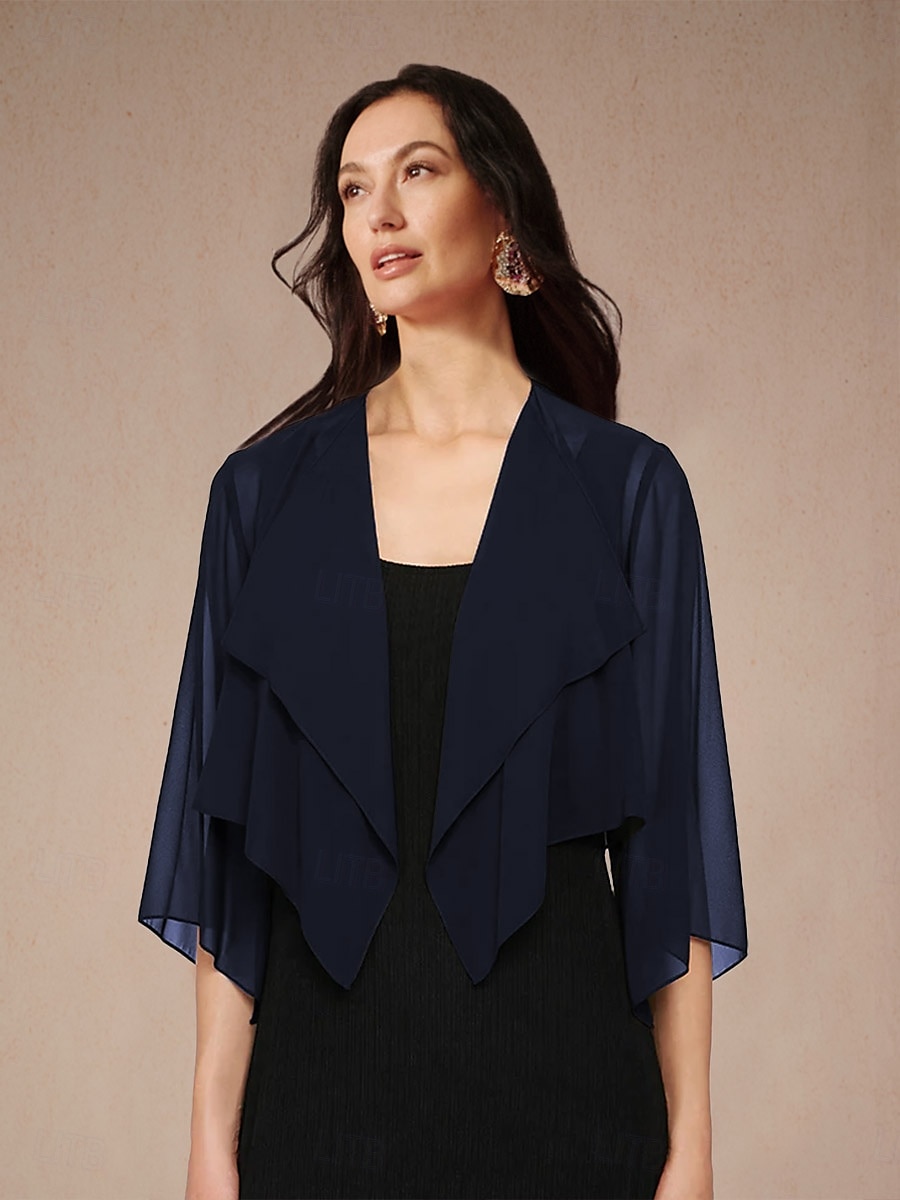 Dam Flytande toppar Chiffong toppar Ensfärgat Elegant 3/4 ärm Asymmetrisk Crop Tops Bröllopsgäst Marinblå Sommar Vår Höst 2025 - $29.99 –P1