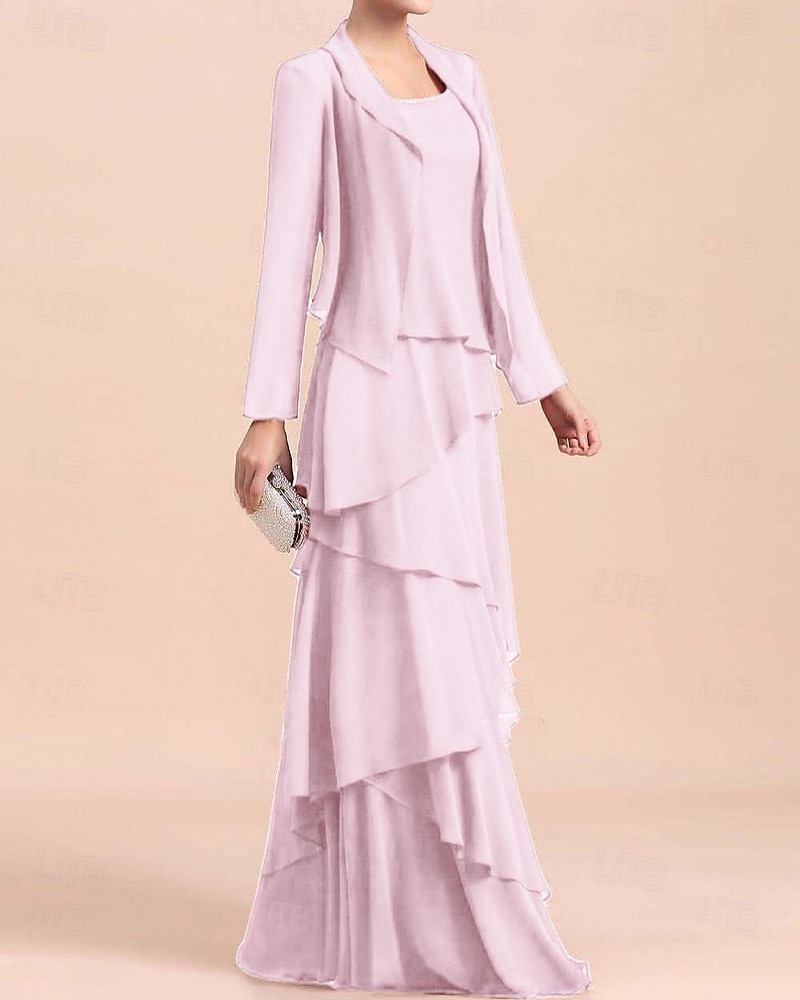 Abito A-Line 3 Pezzi per la madre della sposa Abito formale Elegante Vintage Semplice Girocollo Lunghezza fino al pavimento Chiffon Senza maniche Giacca con perline del 2025 a $185.99 –P5