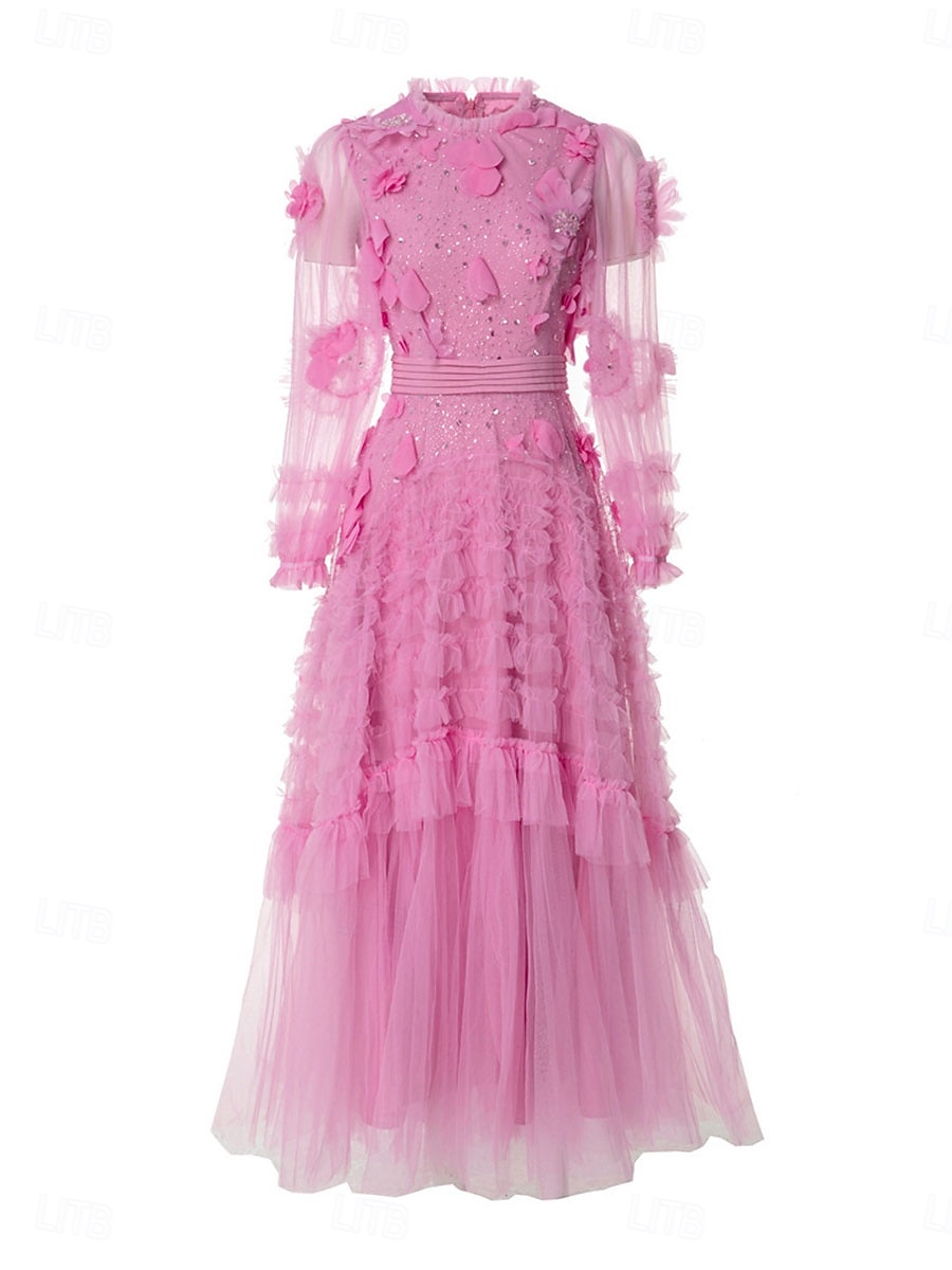 Šaty do A quinceanera růžové šaty květy svatební svatební host maxidélka dlouhý rukáv s kulatým výstřihem s volány 2025 - $169.99 –P3