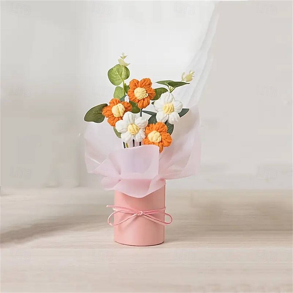 Buchet de flori artificiale din fire țesute manual - 1 set inclusiv flori țesute din țesătură hârtie de împachetat găleată din plastic 5 flori croșetate din fire - potrivite pentru cadouri pentru 2025 - $11.49 –P6
