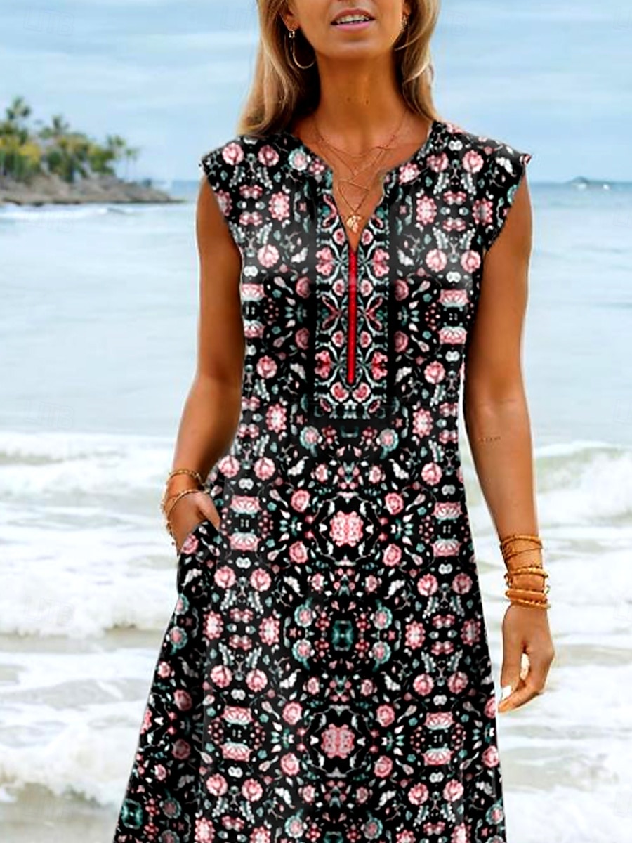 Women's Maxi Dress Sundress A Line Dress Vacation Boho Beach Party Beach Standard Fit Ombre Floral Graphic Sleeveless V Neck Black Summer Spring 2025 - $36.99 –P3