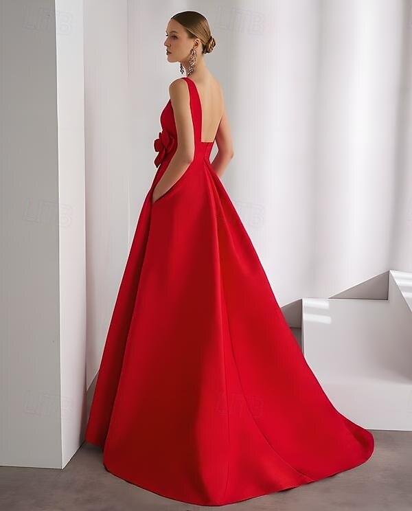 A-Line Evening Gown Elegant Dress Formal Wedding Floor Length Sleeveless Crew Neck Satin with Slit 3D Flower 2025 - $126.99 –P2