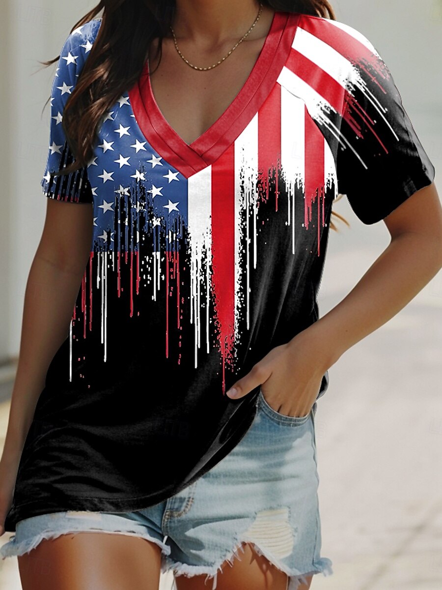 Independence Day Women's Patriotic Fourth of July T Shirt Flag Casual Red White And Blue Short Sleeve V Neck Regular Tops Daily Print Black Blue Summer 2025 - $19.99 –P4