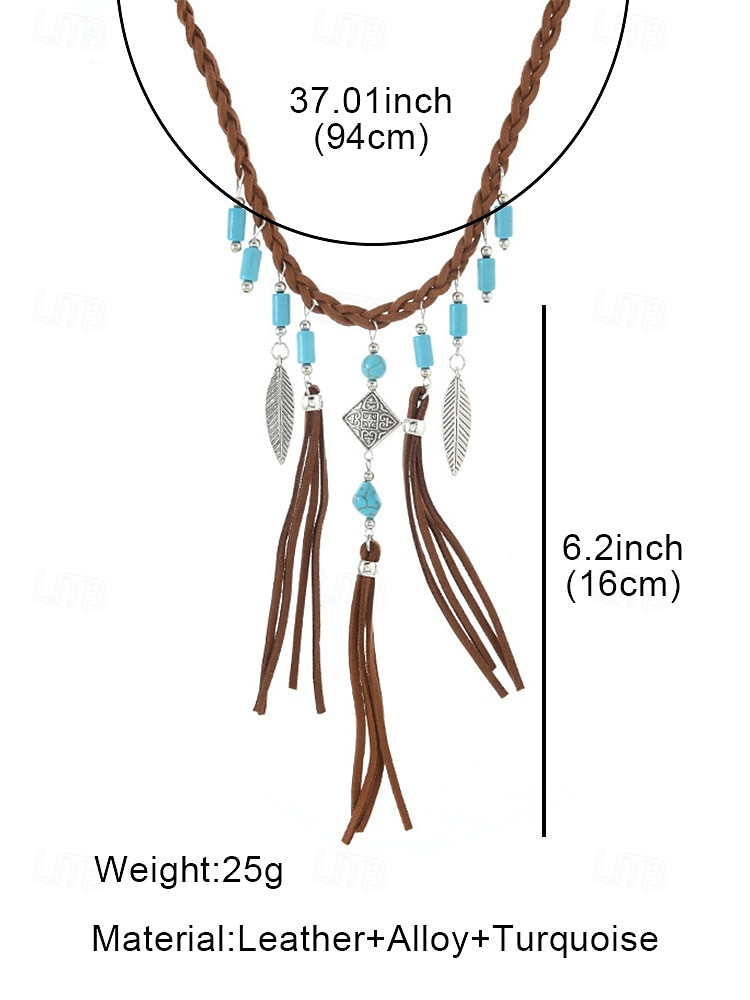 Women's Bohemian Braided Leather Necklace with Turquoise Beads, Feathers and Tassels - Perfect for Music Festivals and Holiday Outfits 2026 - $11.99 –P5