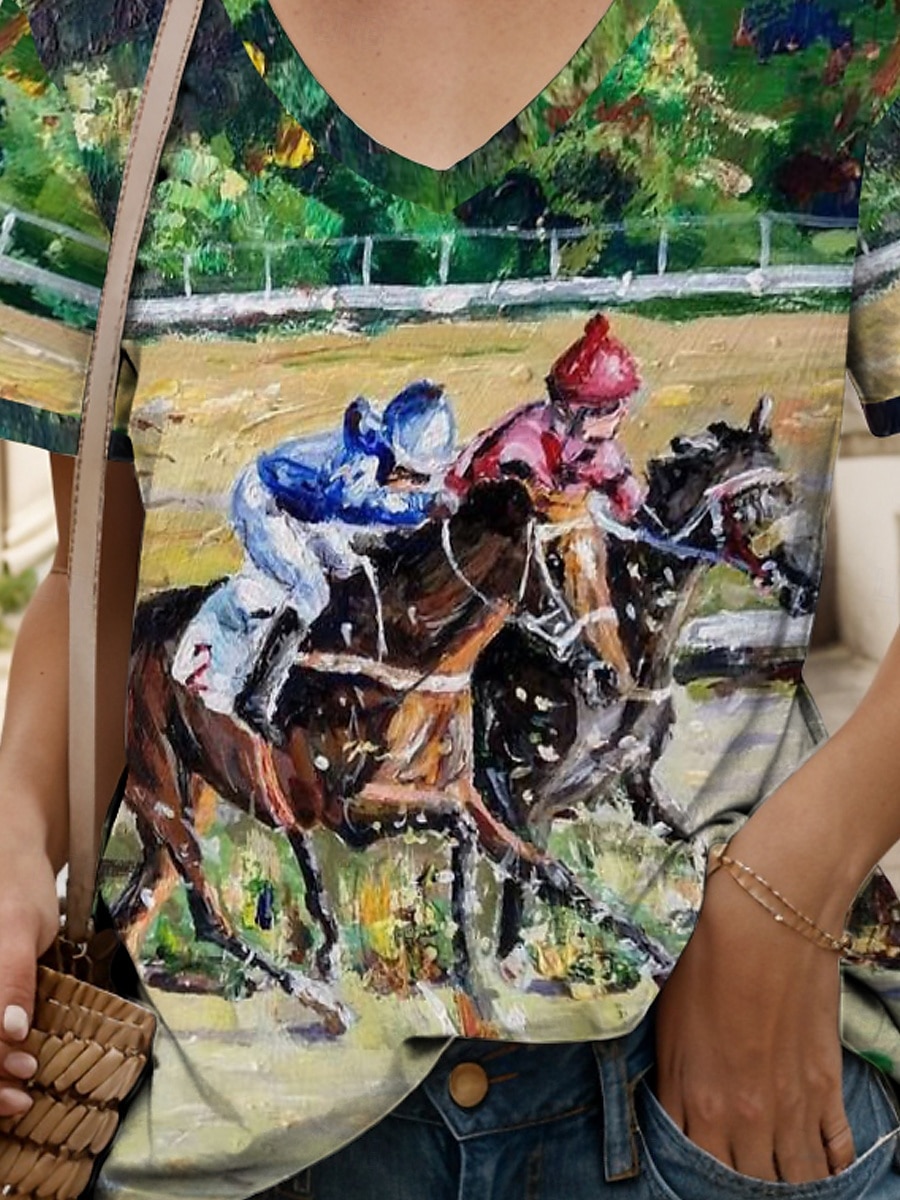 Derby del Kentucky Per donna Maglietta Grafico Animale Cavallo Elegante Casual Manica Corta Scollo a V Top Regolari Quotidiano Weekend Stampato Verde Estate Primavera del 2025 a $19.99 –P3