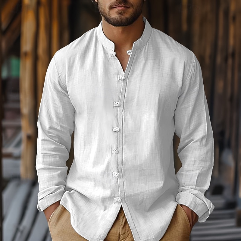 2026年 男性用 シャツ リネンシャツ サマーシャツ 純色 ストリート デイリーウェア ホワイト ネイビーブルー グリーン ベージュ 長袖 衣類  コレクション – $28.99 –P4