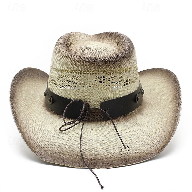Men's Sun Hat Cowboy Hat Fedora Trilby Hat White Black / White Straw Rope Vintage Style Fashion 18th Century State of Texas Daily Theme Party Solid / Plain Color Sunscreen Cosplay 2025 - $27.99 –P9