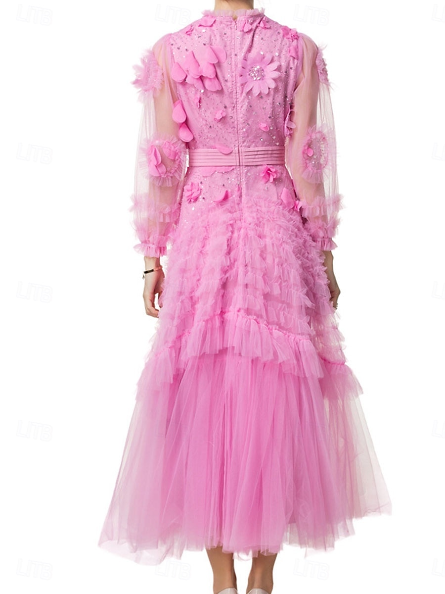 Šaty do A quinceanera růžové šaty květy svatební svatební host maxidélka dlouhý rukáv s kulatým výstřihem s volány 2025 - $169.99 –P2