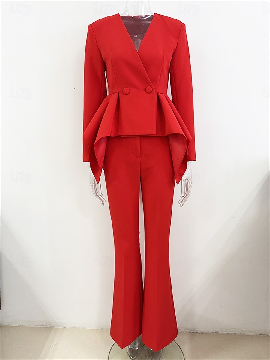 Pantsuit Mother of the Bride Pansuit Elegant Simple V Neck Floor Length Long Sleeve with Ruffles 2025 2025 - $129.99 –P4
