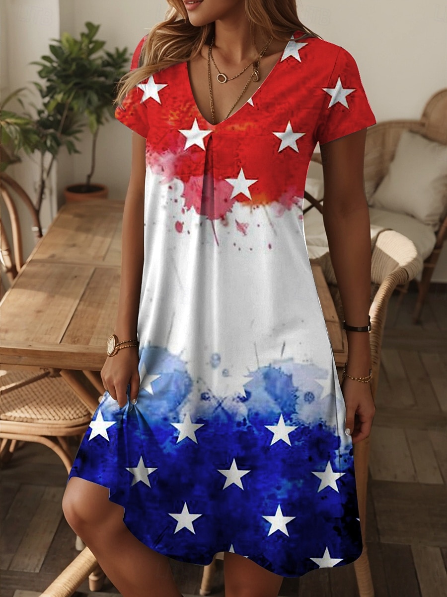 Abito Mini patriottico da donna per il Giorno dell'Indipendenza Abito T-shirt Abito Estivo Casual Quotidiano Fit Regolare Grafica Bandiera Rosso Bianco e Blu Manica Corta Collo a V Blu del 2026 a $24.99 –P1