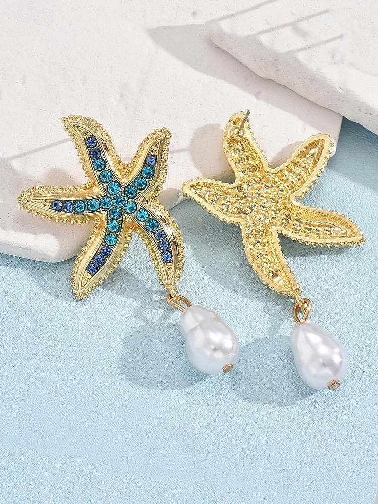orecchini pendenti a forma di stella marina in oro con perla – orecchini a bottone in cristallo ispirati all'oceano, gioielli estivi da spiaggia per donna, accessorio elegante e alla moda per vacanze e feste del 2025 a $9.99 –P6