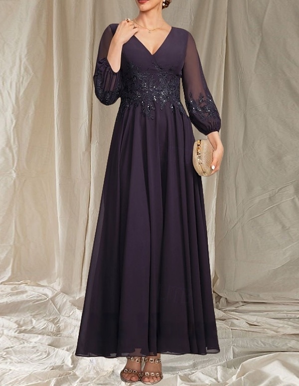 Robe Mère de la Mariée A-Line Invité de Mariage Élégante Col en V Mi-Longue en Chiffon À Manches Longues avec Perles Appliques Robe Midi 2025 de 2025 ? $184.99 –P3