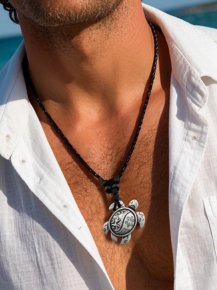 "Collier pendentif tortue de mer tribal pour homme - chaîne en cuir vintage fabriquée à la main, bijoux de style surf bohème pour la plage, les vacances et les vêtements décontractés" de 2025 ? $4.99 –P1