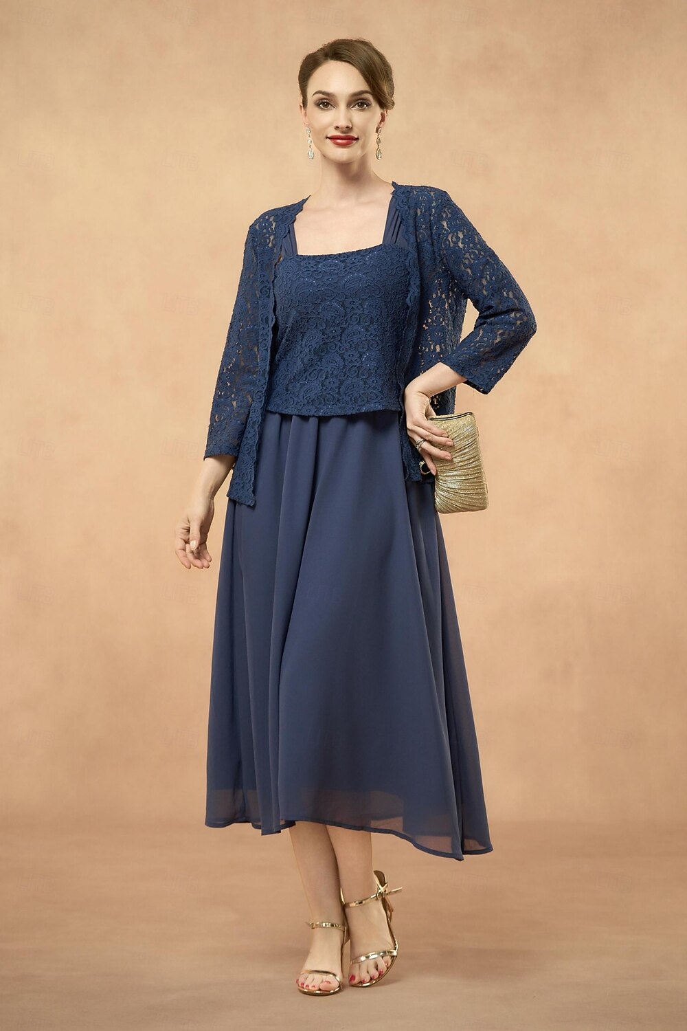 abito da sposa a trapezio in 3 pezzi per la madre della sposa, elegante, scollo quadrato, lunghezza al pavimento, pizzo floreale, manica a 3/4, tinta unita 2025 del 2025 a $69.99 -P2