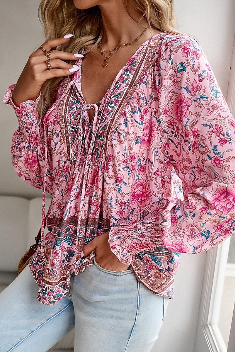 Dame Skjorte Bluse Blomsternål i krystall Daglig Stilfull Fritid Langermet V-hals Vanlige topper Daglig Ferie Trykt mønster Rosa Navyblå Blå Aprikos Vår 2025 - $29.99 –P7