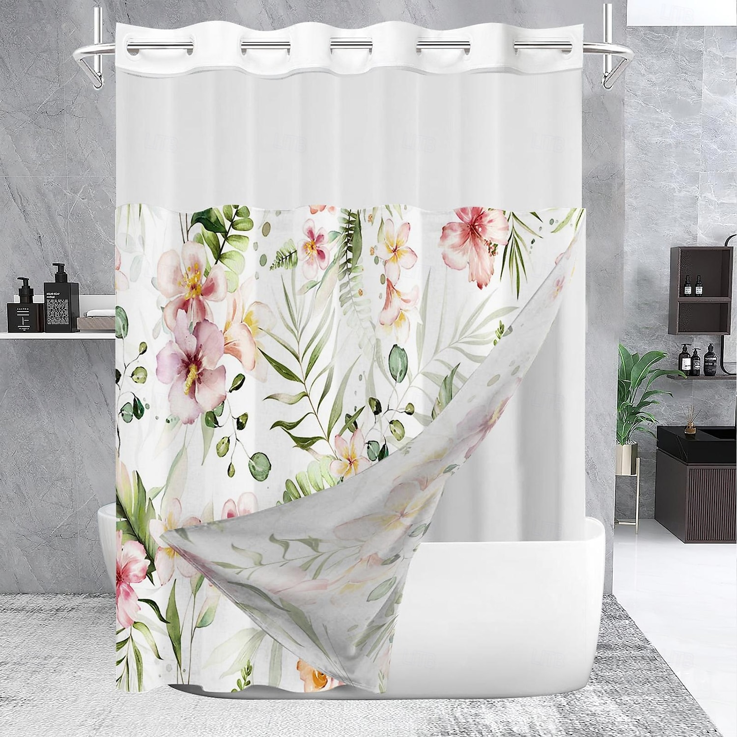 Ensemble de rideaux de douche à motifs floraux en tissu gaufré avec doublure snap-in et fenêtre transparente polyester déperlant haut avec œillets sans crochet rideau de séparation de salle de bain de 2025 ? $41.99 –P13