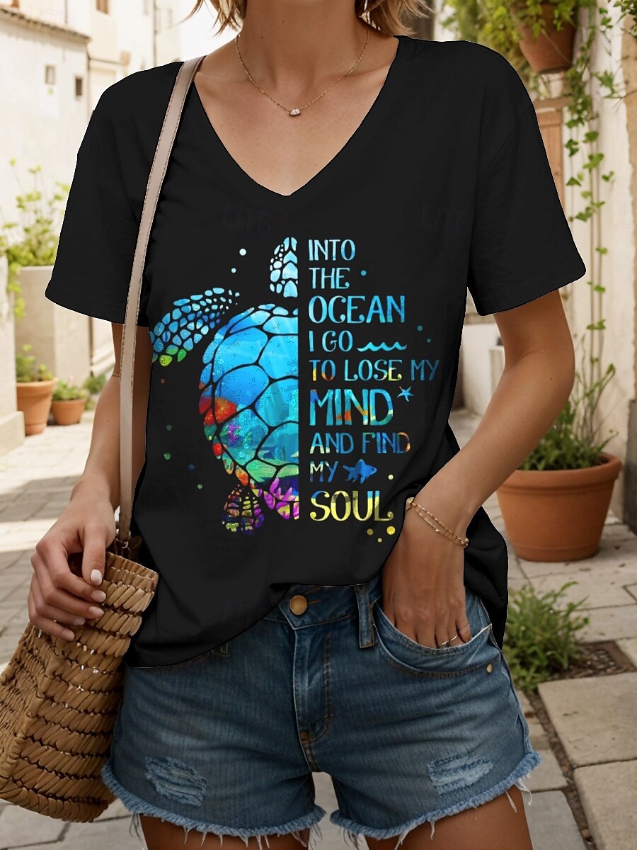 Women's Blouse Graphic Animal Letter Casual Short Sleeve V Neck Regular Tops Daily Going out Beach Wear Print Black Summer 2025 - $27.99 –P1