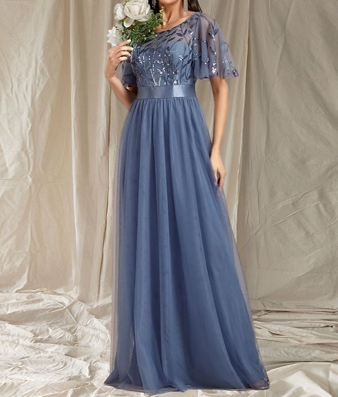 A-Line Wedding Guest Dresses Elegant Dress Wedding Guest Floor Length Short Sleeve Crew Neck Fall Wedding Guest Lace with Glitter Sequin 2025 - $164.99 –P1