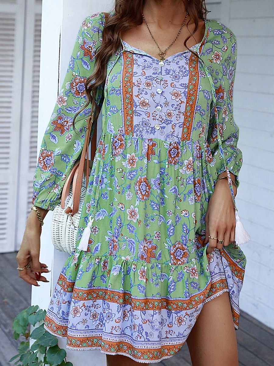 Dam Mini klänning Vardagsklänning Sommarklänning Boho-klänning Mode Utomhus Semester Dagligen Normal Blommig 3/4 ärm V-hals Gul Rodnande Rosa Blå Grön Sommar 2025 - $24.99 –P5