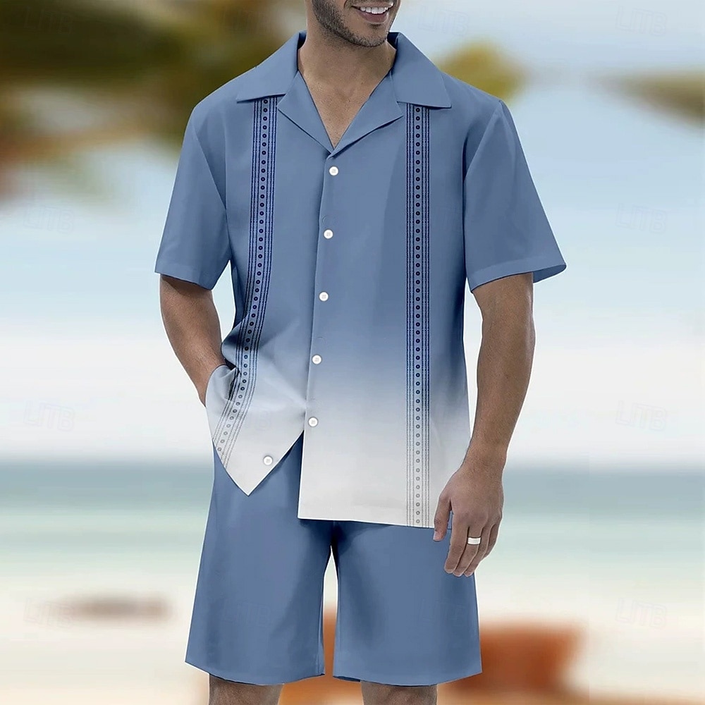Men's Ombre Printing 2pcs Shirts Sets Shirt Short Sleeve Short Pants Cuban Collar Vacation Party Casual Daily 3D Print Summer Robin's Egg Blue 2025 - $37.99 –P1