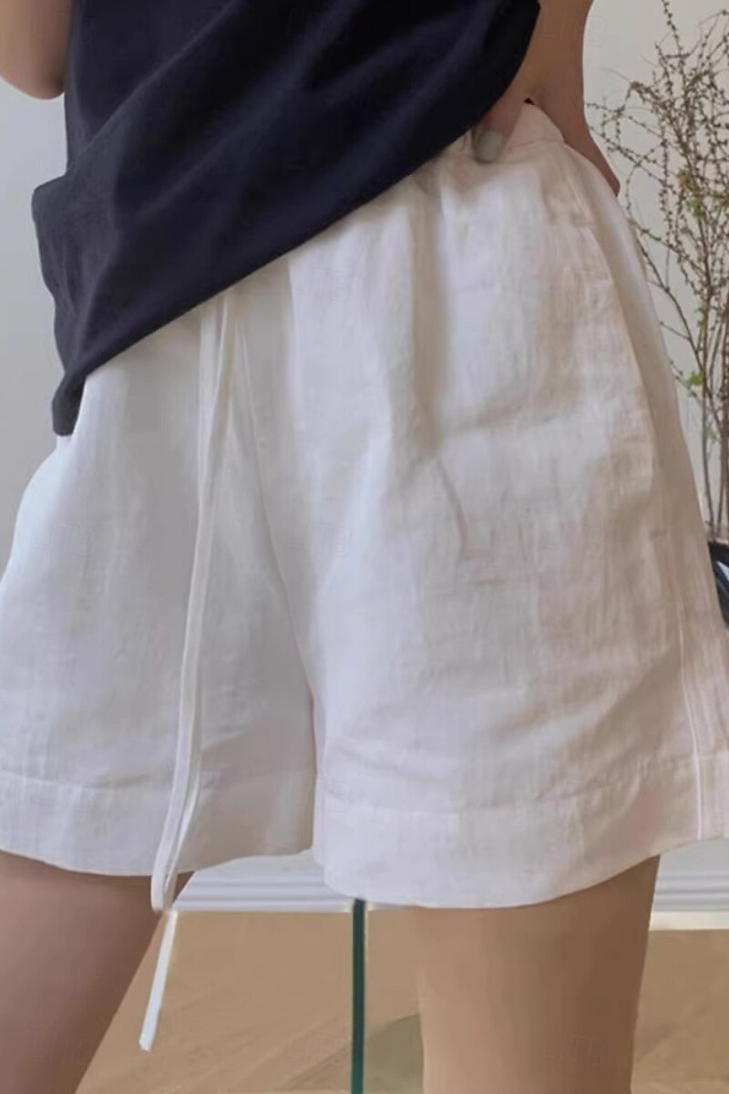 2025年 女性用 コットンリネンショートパンツ ショーツ スラックス ストリートファッション カジュアル ショート ナチュラルウエスト 平織り ポケット 弾性巾着デザイン 通気性 ソフト 快適 マイクロエラスティック カジュアル デイリーウェア ホワイト 夏 レギュラー コレクション – $25.99 –P4