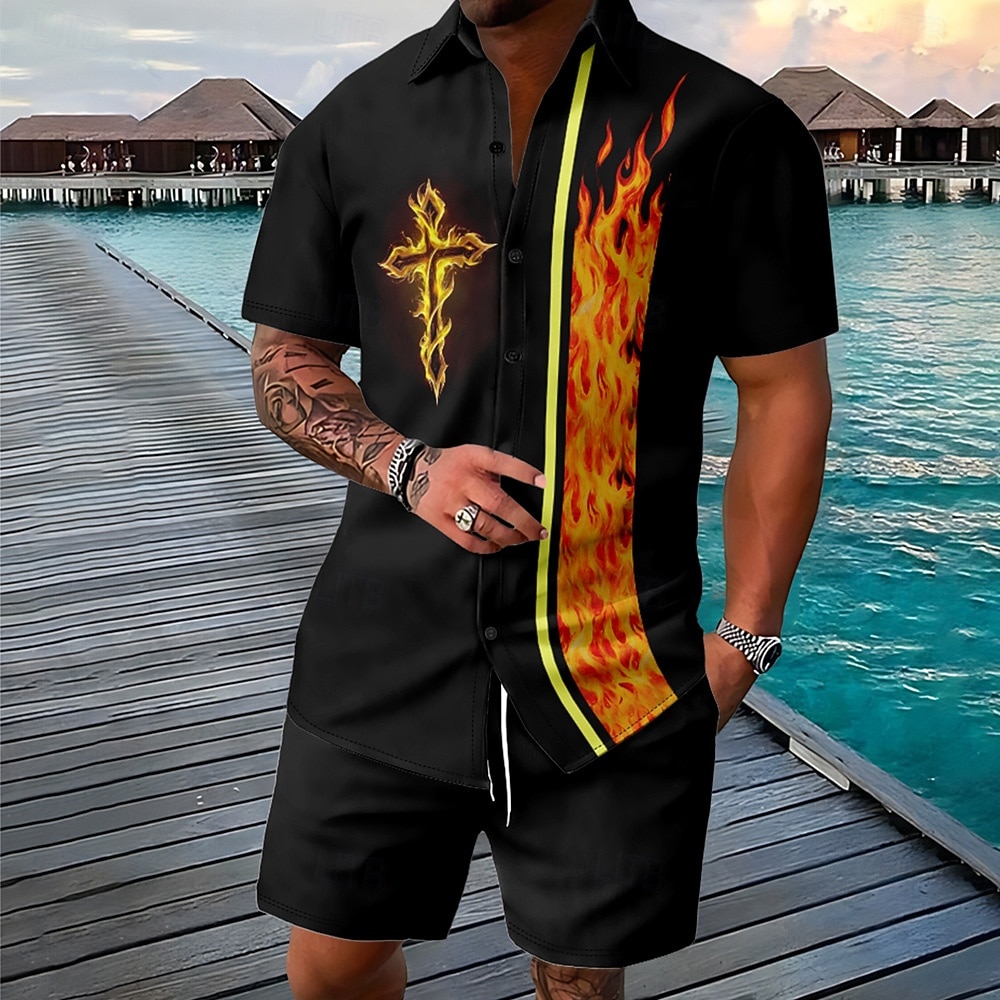 Påske Herre Kors 2stk Skjorter sett Skjortesett Kortermet Korte bukser Aftæpning Årgang Avslappet Daglig Festivalantrekk 3D-utskrift Sommer Rødstrupe-egg Blå Hvit Oransje 2026 - $40.99 –P3