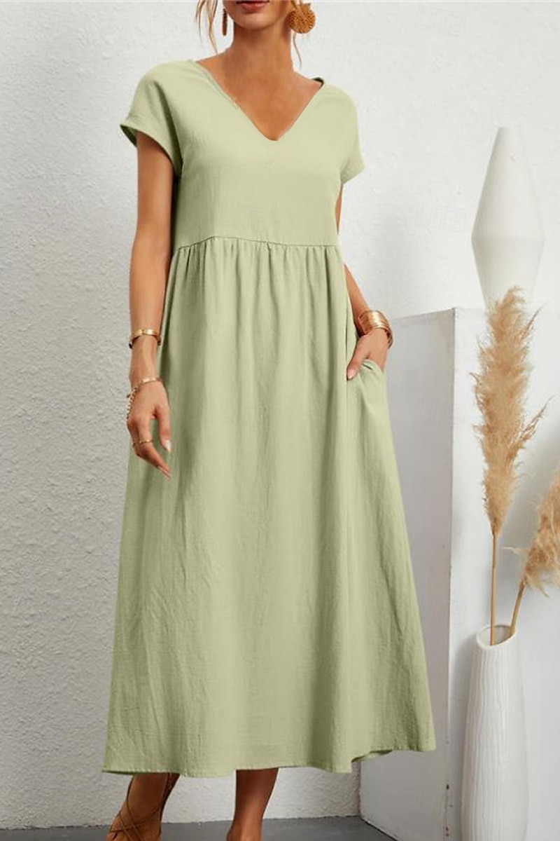 Women's Midi Dress Linen-Inspired Dresses Cotton Linen Dress Basic Classic Modern Vacation Daily Holiday Regular Fit Plain Short Sleeve V Neck Black Light Green Pink Army Green Summer 2025 - $26.99 –P1