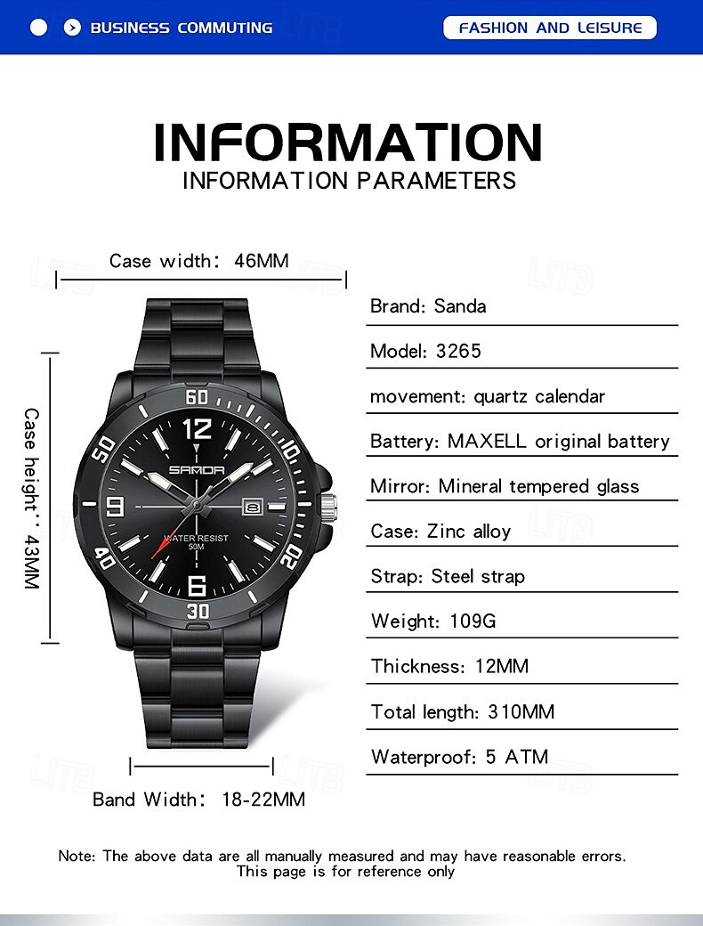 SANDA 3265 Men's Quartz Watch Simple and Fashionable Large Dial Night Light Waterproof Band Calendar Wristwatch 2025 - $34.99 –P7