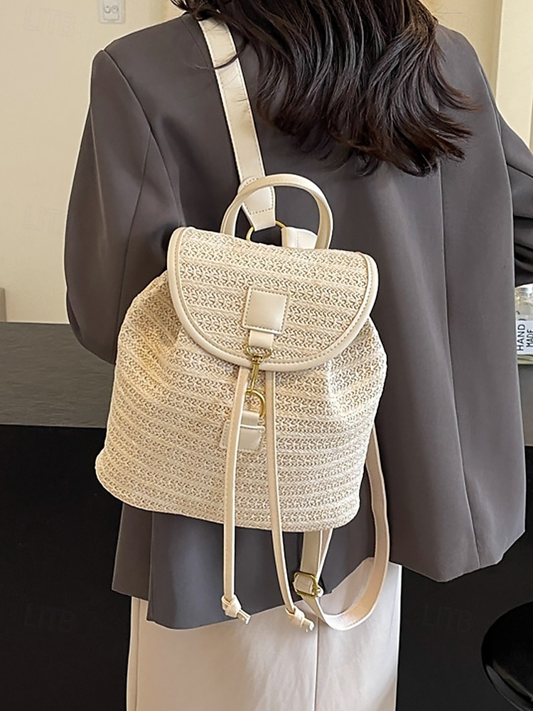 stro rugzak voor vrouwen – boho geweven rotan reistas met leren banden, chique zomer strand rugzak, casual vakantie & dagelijks gebruik handtas wit roze bruin 2025 - $29.99 –P2