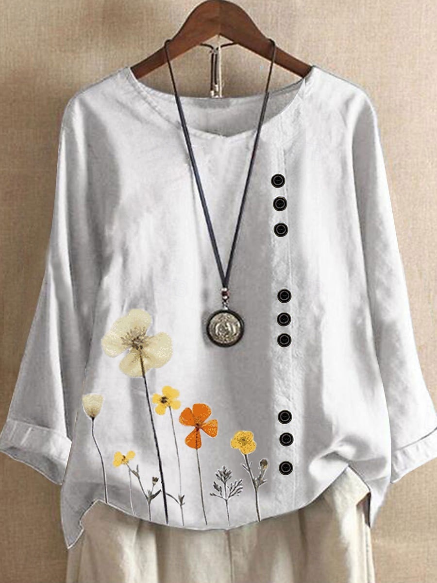 Damen Übergröße Leinen-inspirierte Hemden Bluse Blume Lässig Langarm Rundhalsausschnitt Normale Oberteile Täglich Druck Weiß Frühling & Herbst 2025 - $32.99 –P1