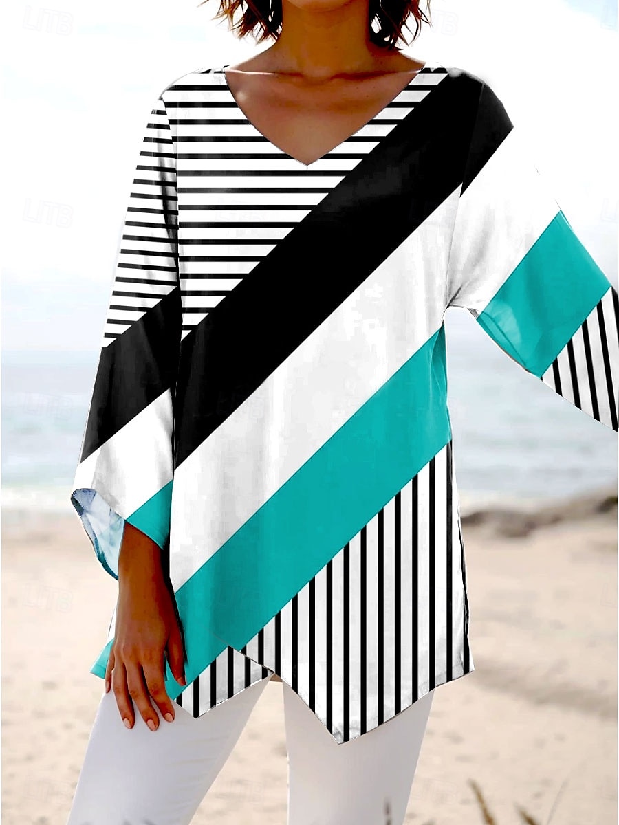 Blusa da donna manica lunga orlo asimmetrico grafico geometrico a righe elegante spiaggia manica a 3/4 scollo a V regolare top quotidiano primavera autunno del 2025 a $25.99 –P3