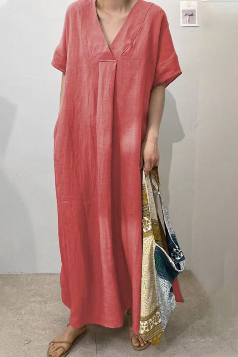 Femmes Robe Midi Robes inspirées du lin Robe en coton et lin Mode Classique Moderne Quotidien Fête Week-end Coupe régulière Uni Manche Courte Col en V Rouge Chameau Violet Vert Été de 2025 ? $32.99 –P2