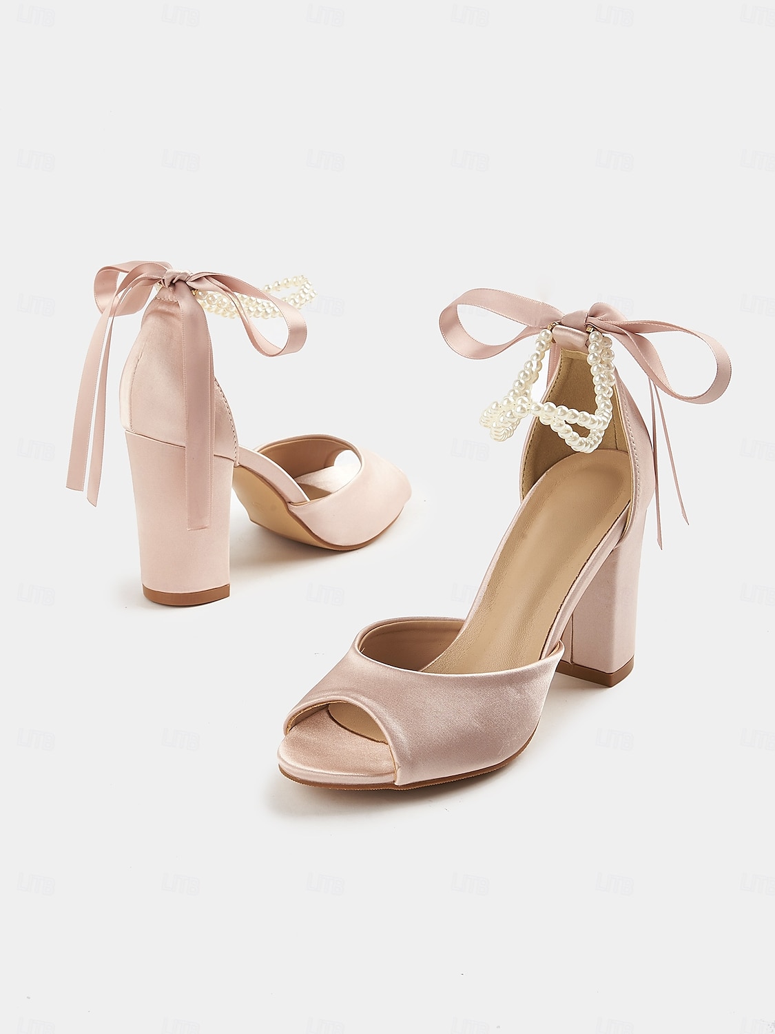 Sandalias de satén con punta abierta y tacón cuadrado para mujer con tira de perla en el tobillo: elegantes zapatos de cóctel. 2025 - $42.99 –P3