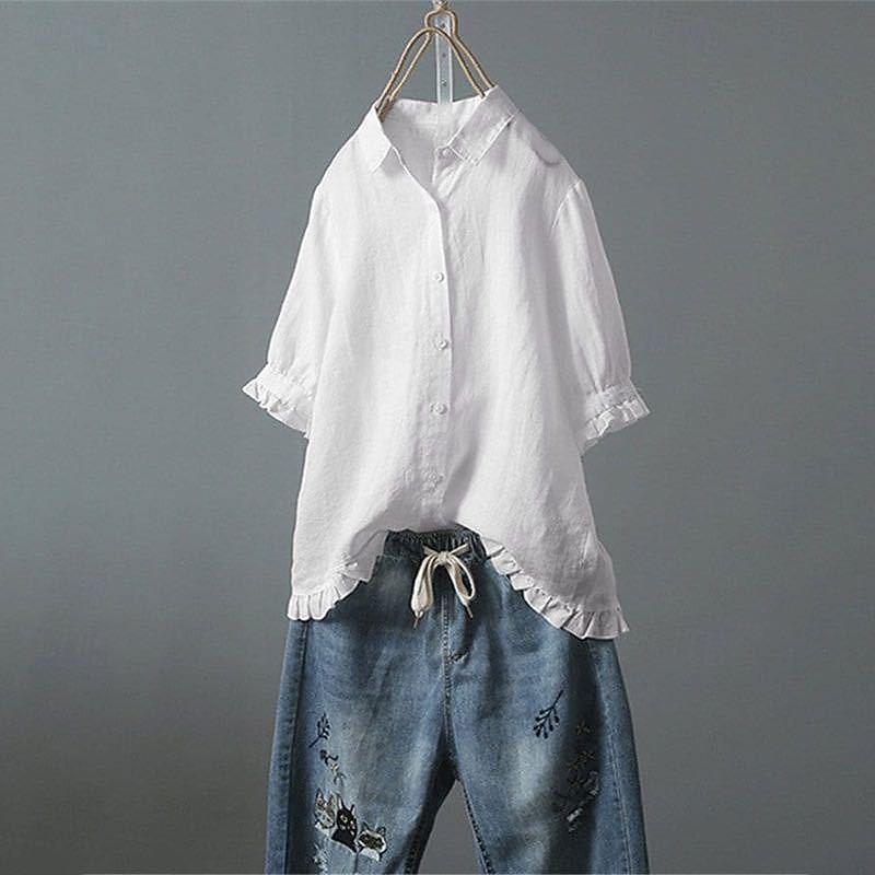 Damen Hemd Bluse Baumwoll-Leinen-Hemden Einfach Basic Modern Kurzarm Hemdkragen Normale Oberteile Täglich Ferien Ausgehen Knöpfe Weiß Gelb Rosa Marineblau Leicht Blau Sommer 2025 - $23.99 –P3