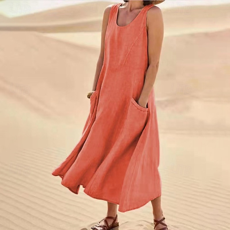 Damen Midikleid Baumwoll-Leinen-Kleider Baumwoll-Leinenkleid Mode Klassisch Urlaub Ausgehen Wochenende Normale Passform Einfach Ärmellos Rundhalsausschnitt Weiß Rosa Orange Khaki Sommer 2025 - $22.99 –P4