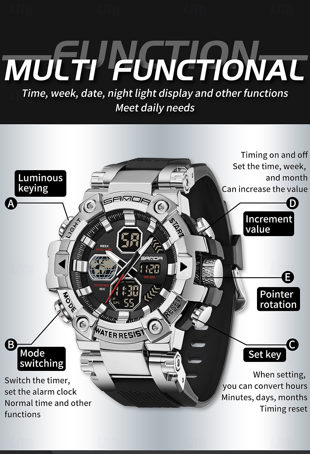 SANDA Men Digital Watch Large Dial Outdoor Sports Fashion Luminous Alarm Clock Calendar Chronograph Silicone Watch 2026 - $38.99 –P12