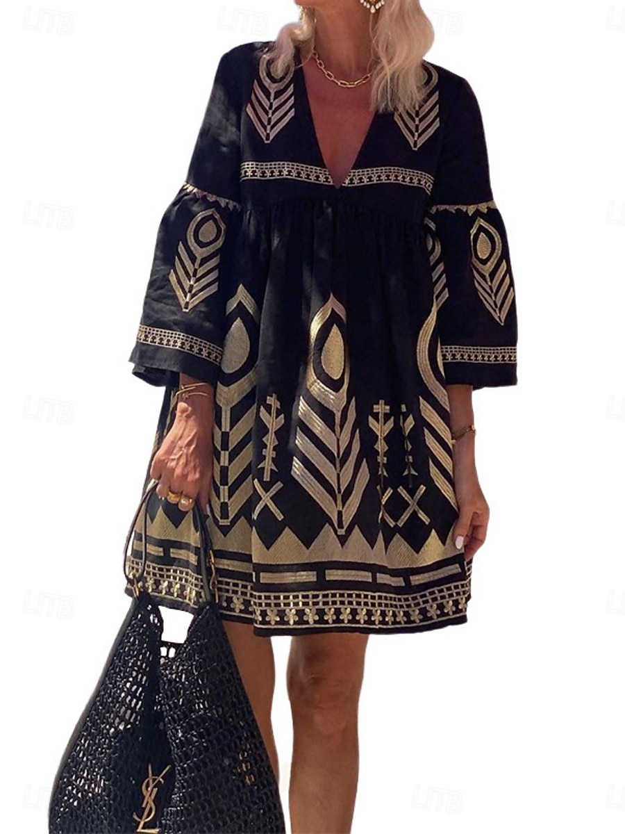 Femmes Mini Robe Robe trapèze Occasionnel Extérieur Sortir Coupe régulière Graphique Géométrique Manche 3/4 Col en V Noir Été de 2025 ? $32.99 –P5