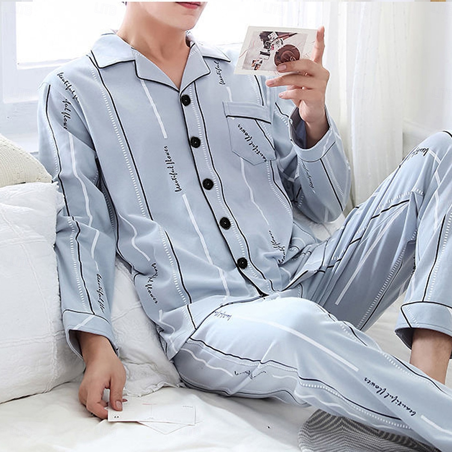 Herre Pyjamas lounge Sett Nattøy Gitter / Teppe Mote Enkel Komfort Hjem Seng Bomull Knaphul Langermet Bukse Vår Høst Blå Mørkegrå 2025 - $20.99 –P4