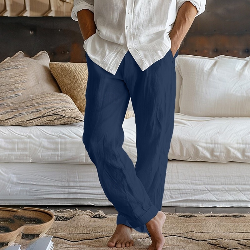 Men's Linen Pants Trousers Summer Pants Beach Pants Elastic Waist Front Pocket Straight Leg Plain Comfort Breathable Full Length Daily Home Yoga Fashion Casual Navy Blue Beige 2026 - $22.99 –P12