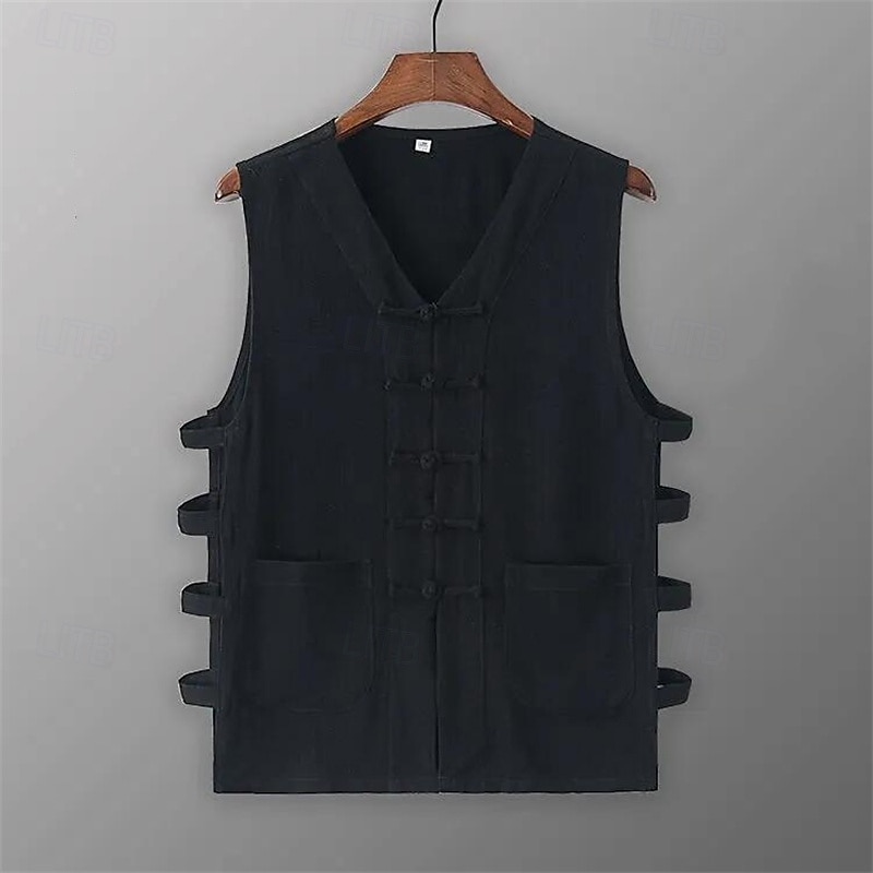 Herr Linne Undertröjor Ärmlös tröja Ärmlös V-hals Sommar Slät Designer Grundläggande Kineseri Knappar Semester Gata Utekväll Svart Vit Vin Topp t-shirt för män 2025 - $15.49 –P3