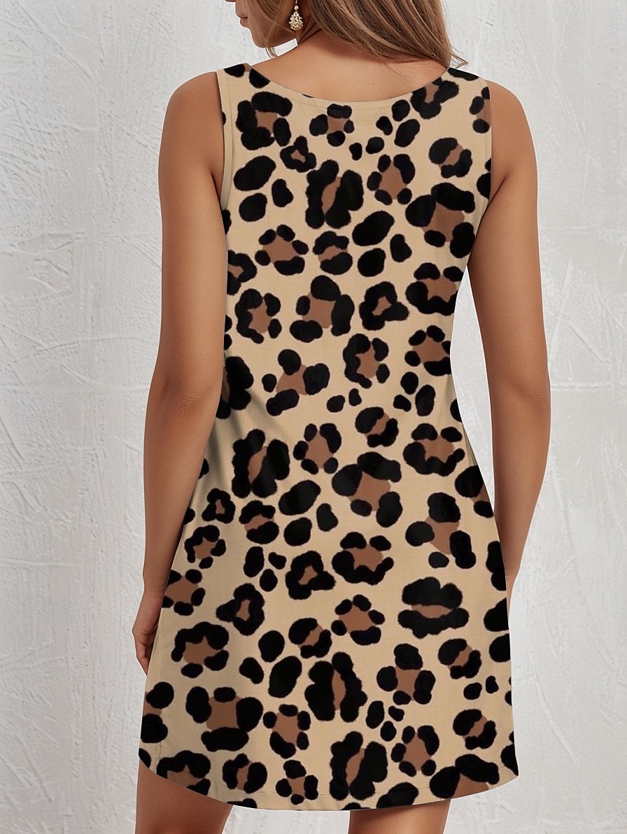 Dam Mini klänning Solklänning Sommarklänning Semester Ledigt Dagligen Lös passning Grafisk Leopard Ärmlös U-hals Blå Purpur Brun Sommar 2025 - $21.99 –P2