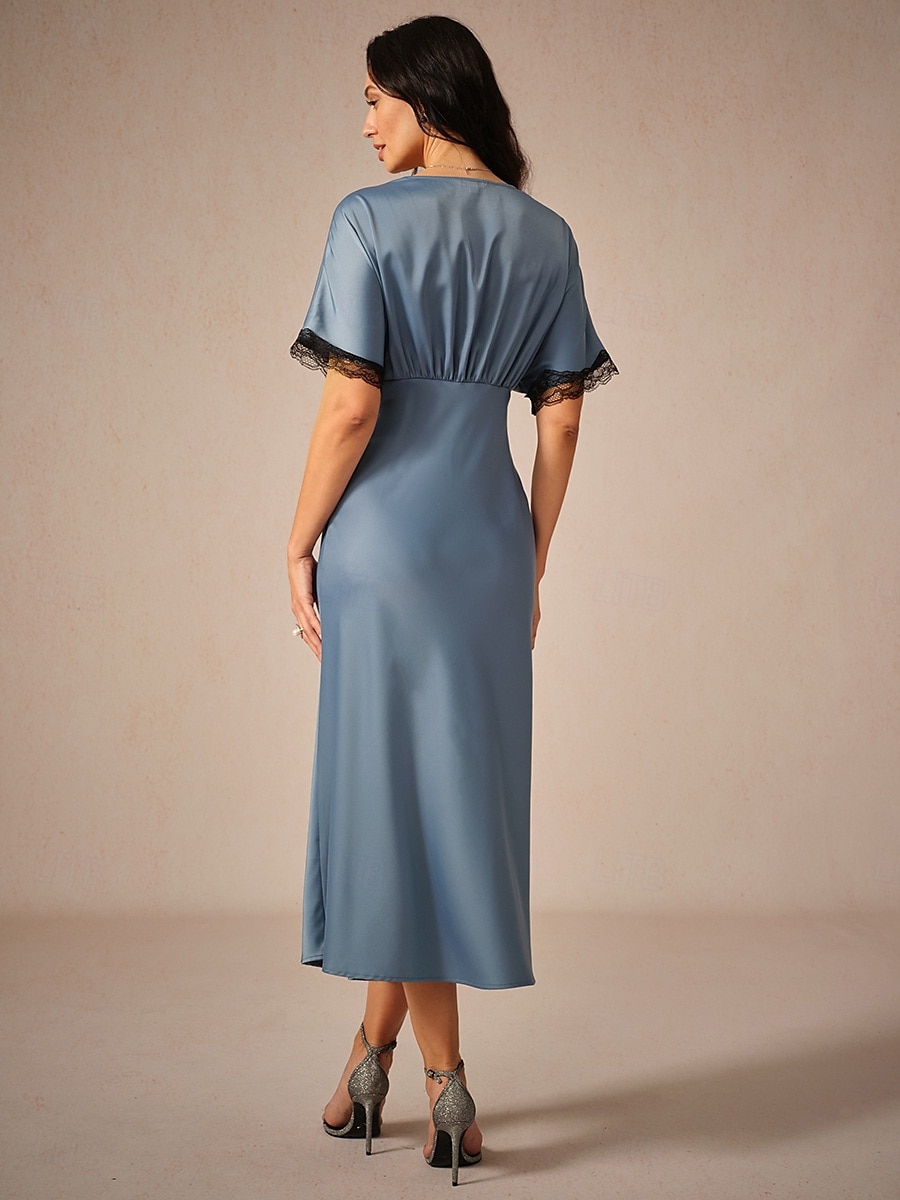 Dames Maxi-jurk Schede jurk Elegant Stijlvol Bruiloft Feest Dagelijks Ruim Passend Effen Kleur Korte mouw V-hals blauw Zomer 2025 - $49.99 –P2
