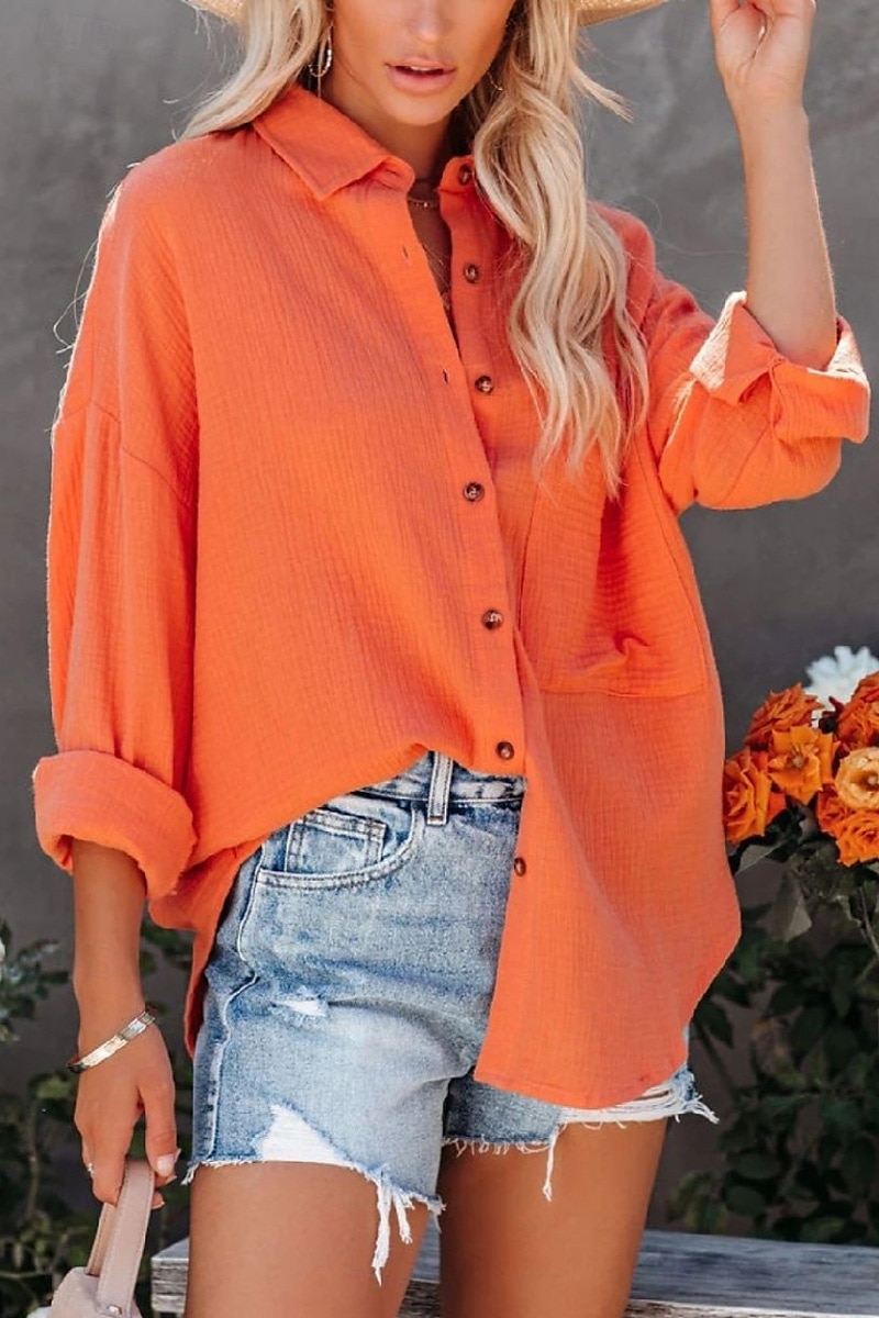 Per donna Camicia Camicie ispirate al lino Abbottonare Semplice Elegante Manica Lunga Colletto a Camicia Top Regolari Quotidiano Ferie Bottoni Nero Bianco Verde chiaro Arancione Estate del 2025 a $22.99 –P7